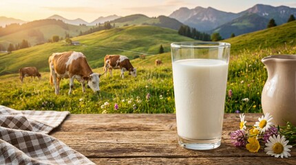 Fresh Dairy: A glass of fresh milk sits serenely on a rustic wooden table, framed by a picturesque landscape of rolling hills and grazing cows.