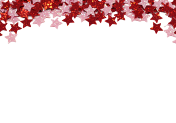 Small iridescent sparkling glitter stars in deep red and soft light pink, scattered on a transparent background with ample copy space, elegant festive border, romantic celebration atmosphere
