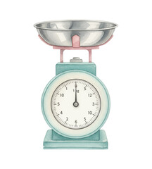 Vintage kitchen scale with a round dial and metal weighing pan in a delightful watercolor illustration