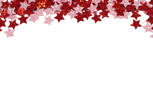Small iridescent sparkling glitter stars in deep red and soft light pink, scattered on a transparent background with ample copy space, elegant festive border, romantic celebration atmosphere - Powered by Adobe