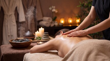 Serene Spa Experience: A guest enjoys a soothing massage in a tranquil spa setting, enveloped in the soft glow of candlelight and the gentle touch of a therapist.