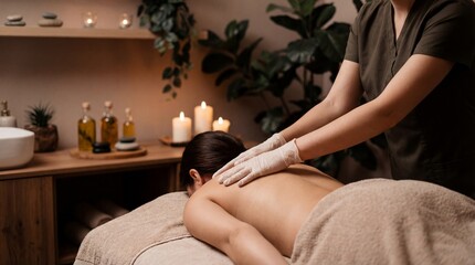 Serene Massage: The scene encapsulates tranquility as skilled hands deliver a relaxing massage, candles flicker gently, infusing the space with a sense of peace.