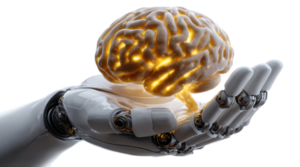 The Dawn of Artificial Thought: A robot hand cradles a luminous brain, symbolizing the exciting intersection of technology and human intelligence.