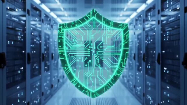Digital shield icon hovering in server room, representing cybersecurity and data protection.