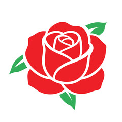 red rose flower green leaves flat vector symbol