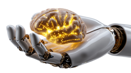 Digital Cognition: An illuminated artificial brain is delicately held within the robotic hand, symbolizing the fusion of technology and intellect. This image encapsulates the future of intelligence.