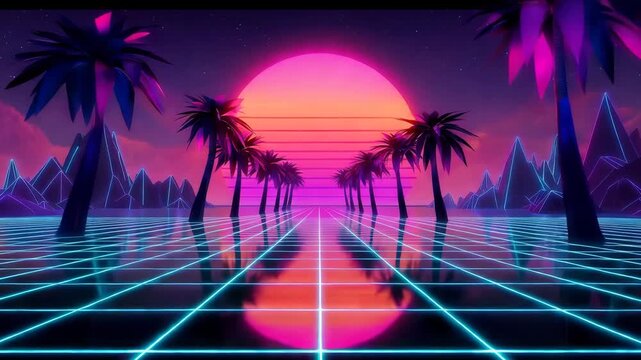 Retro 80s synthwave landscape with neon sun and palm trees