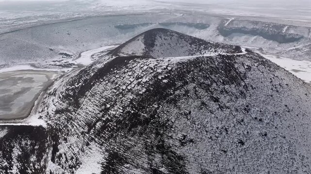 Meke Crater Lake in Snowy Weather &ndash; Aerial Drone View