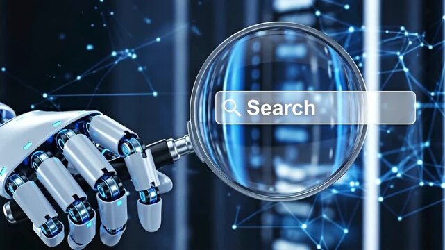 A robot hand searching the internet through a magnifying glass for the concept of technology and Artificial intelligence.