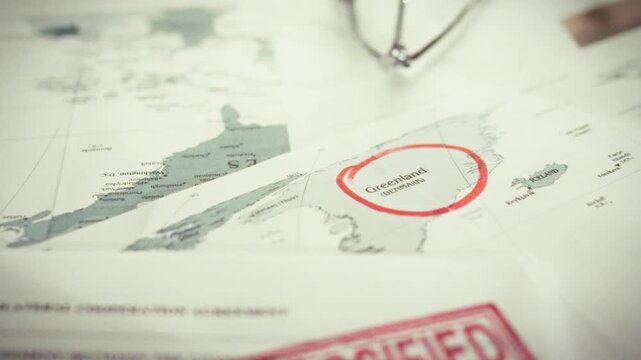 A world map displays a slow camera zoom on Greenland, a vast Arctic island territory circled in red, signifying its strategic importance in the North Atlantic