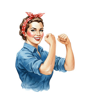 Confident Caucasian woman flexing arms smiling in classic Rosie the Riveter pose watercolor illustration