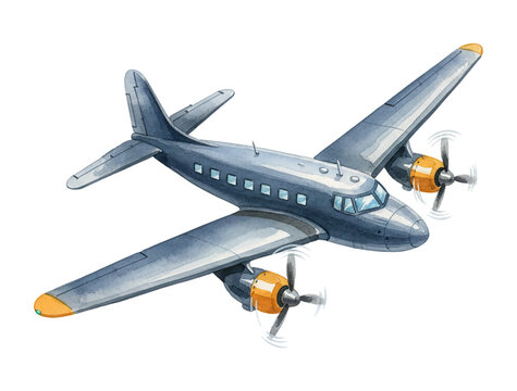 Classic grey propeller airplane flying with orange engines in a beautiful watercolor illustration style