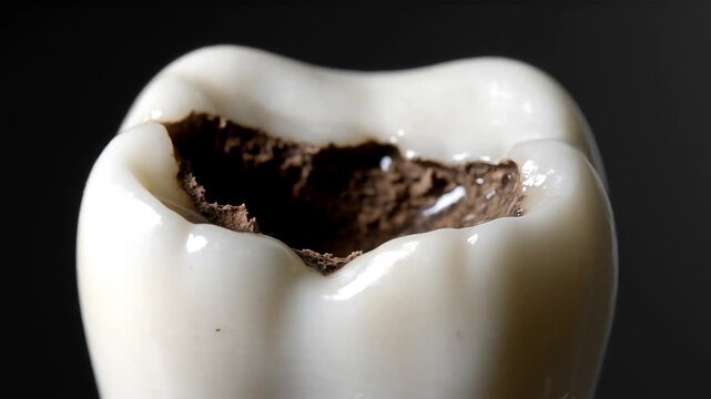 Deep carious cavity in human molar tooth with dark brown decay