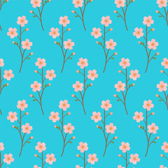 Sakura flowers form seamless pattern on turquoise background, sakura branches repeat rhythmically for wallpaper textile and surface design projects
