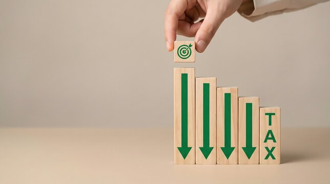 Businessman placing wooden block with target on decreasing tax graph