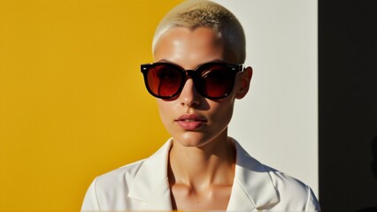 close portrait young woman short blonde hair she wearing white blazer large round sunglasses red lenses background gradient yellow white creating striking contrast woman outfit woman looking directly
