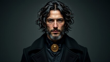 Obraz premium portrait man long curly hair beard wearing black coat gold medal around his neck man looking directly camera serious expression his face background dark grey color making man focal point lighting