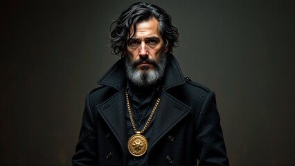 portrait man long beard mustache wearing black peacoat gold chain necklace around his neck man has dark hair looking directly camera serious expression background dark grey color making man focal