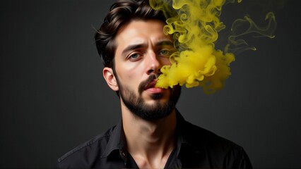 portrait young man beard mustache wearing black shirt standing front dark grey background man looking directly camera serious expression his face front him cloud yellow smoke rising his mouth smoke
