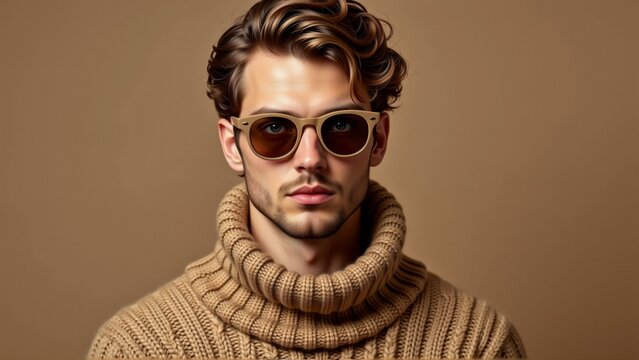 portrait young man wearing beige turtleneck sweater has serious expression his face looking directly camera his hair styled loose curls wearing pair round sunglasses gold frame background plain beige