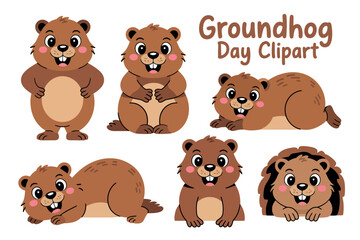 A collection of cute cartoon groundhogs celebrating Groundhog Day