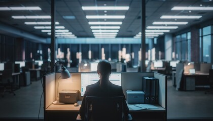 Anonymous female employee working late at night on a computer in her cubicle, seen from behind in a large, empty modern corporate office with cool ambient lighting