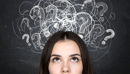 Concept of Uncertainty and Thinking Woman with Question Symbols