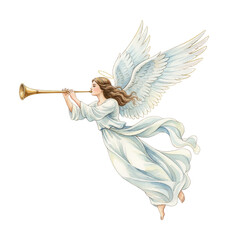 Elegant Angel Playing Golden Trumpet Flying Gracefully in Ethereal White Gown with Serene Expression