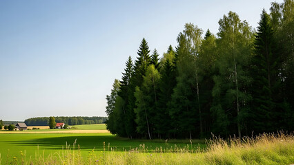 Obraz premium Vibrant Rural Landscape with Fields, Forests, and Houses Under a Clear Sky