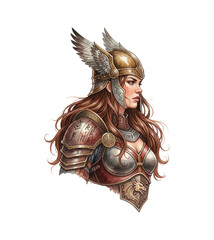 Valiant Woman Warrior with Winged Helmet and Detailed Armor in a Determined Side Profile Illustration