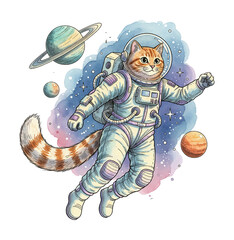 Happy orange tabby cat astronaut floating in colorful space surrounded by planets and stars watercolor illustration