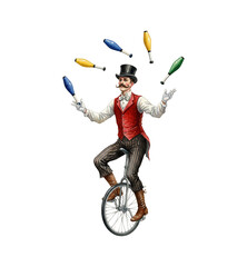 Caucasian Man Juggling Colorful Clubs While Skillfully Riding a Unicycle with a Happy Focused Expression