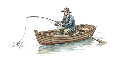 Caucasian man fishing attentively in a wooden rowboat wearing a hat skillfully catching a fish watercolor