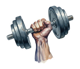 Muscular Hand Firmly Holding a Metal Dumbbell Showing Strength and Workout in Watercolor Style