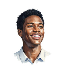 Happy African American Man Smiling Broadly Looking Up with Confident Expression in Watercolor Style
