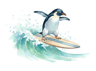 Cute happy penguin balancing on a surfboard riding a blue green ocean wave with water splashes in watercolor painting