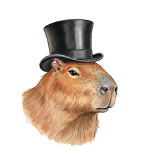 Capybara wearing a dapper black top hat looking elegant and curious in a detailed watercolor artwork