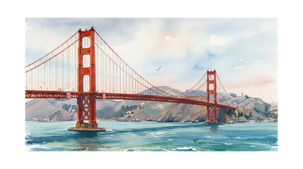 Golden Gate Bridge watercolor painting iconic landmark spanning blue water and green hills under a cloudy sky scenic view