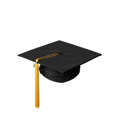 Classic Black Graduation Cap with Golden Tassel on White Background.
