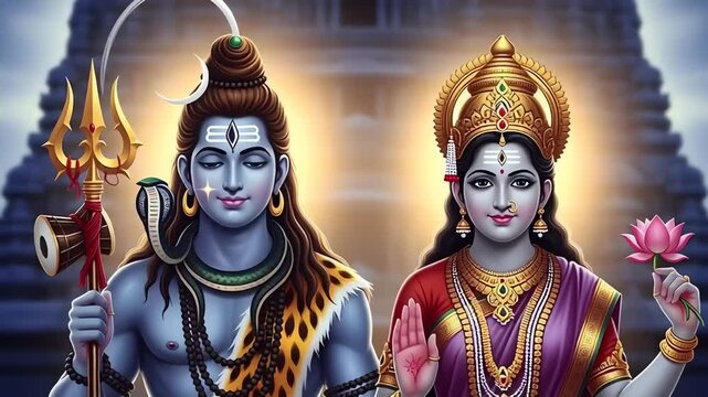 Cinematic devotional video depicting Shiva and Shakti standing in divine harmony inside a sacred temple. Symmetrical composition with glowing aura, dramatic rim lighting, and deep blue and gold tones