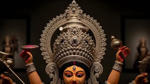 Cinematic devotional video of a Goddess Durga idol captured in symmetrical composition with dramatic spotlight lighting. Rich details of the crown and multiple arms emphasize sacred power, mythology