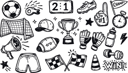 Hand drawn soccer doodle vector set with football equipment, trophies and sport icons in sketch line art style. Perfect for sports branding, logos, banners, stickers and football themed designs. © gerik_a