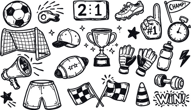 Hand drawn soccer doodle vector set with football equipment, trophies and sport icons in sketch line art style. Perfect for sports branding, logos, banners, stickers and football themed designs.