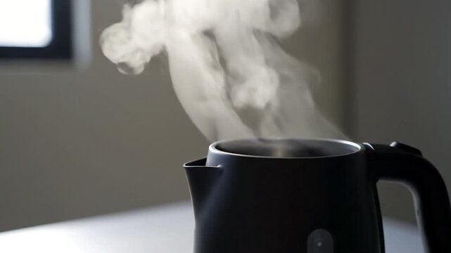 Kettle's Gentle Exhale A close-up perspective of a traditional kettle spout, emphasizing the origin point of the steam and its initial formation into distinct, graceful ribbons.