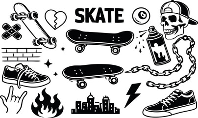 Hand drawn skateboarding illustration collection featuring skateboards, tricks and street style graphics. Ideal for t-shirt prints, youth branding and urban designs. © gerik_a