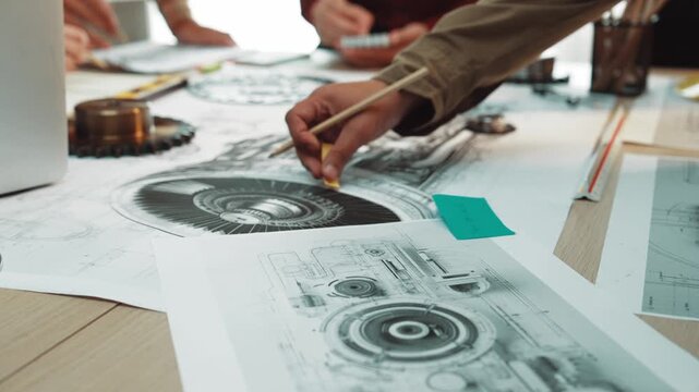 A close-up view of an engineering design workspace featuring technical drawings and tools, emphasizing creativity and precision in the design process. SACTR