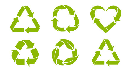 Obraz premium Set of green recycling symbols including arrows and heart shapes representing environmental sustainability.