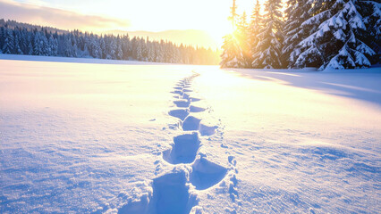 Footprints in fresh snow leading to a sunny winter forest