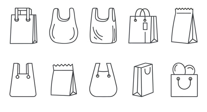 Set of various shopping and tote bag icons in simple black outline style.