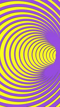 Looping optical illusion animation with yellow and purple concentric curves forming a twisting tunnel effect, creating a dynamic, hypnotic visual pattern with continuous motion and strong contrast
